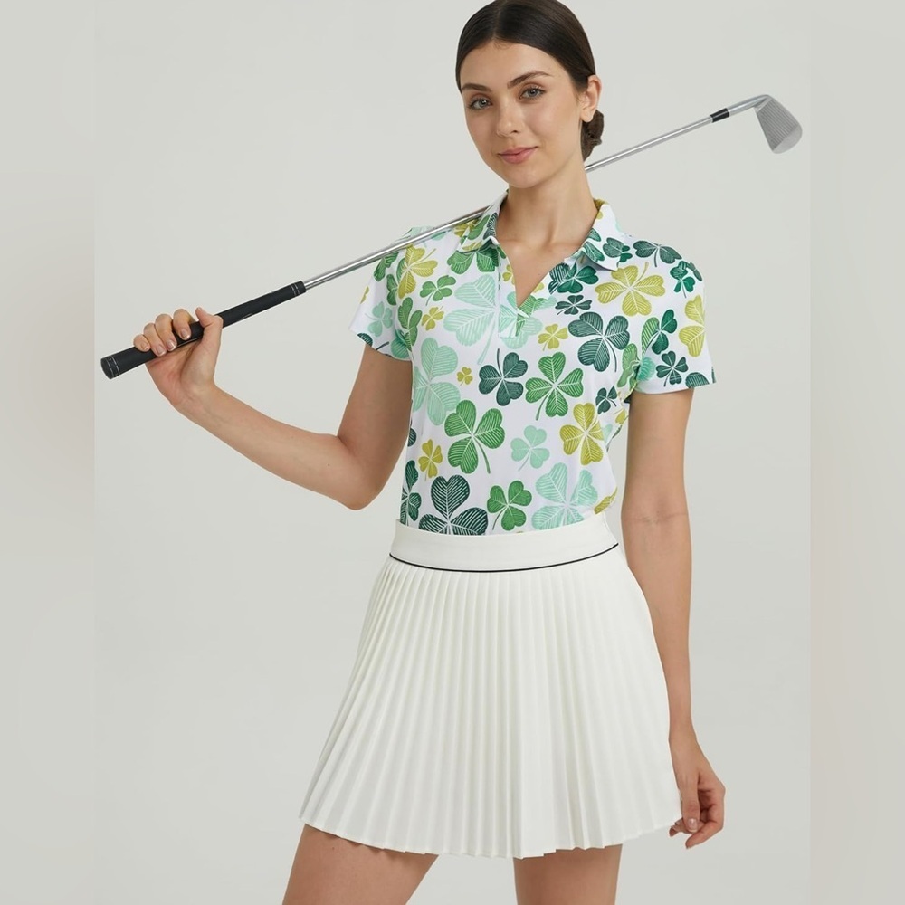 Sporty Buff Short Sleeve V-Neck Golf Polo Shirts Comfy Collared Clover - Picture 6 of 8